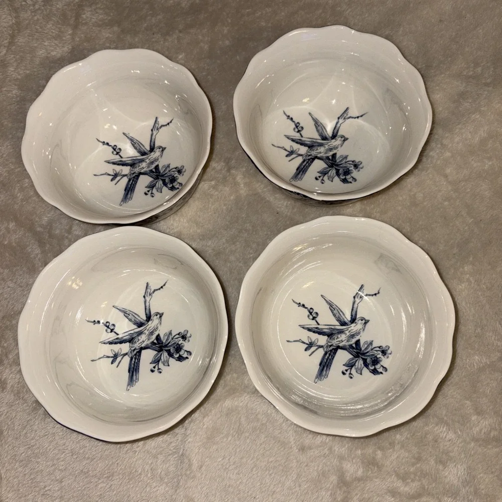 Set of Four 222 Fifth Adelaide Blue and White Birds Cereal / Soup Bowls